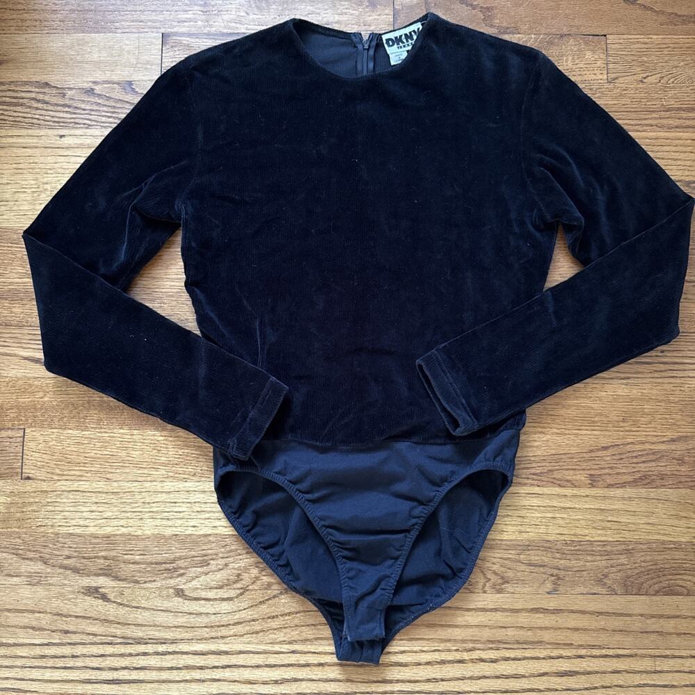 Vintage 90s DKNY Bodysuit Size M Black Velvet Velour Long Sleeve